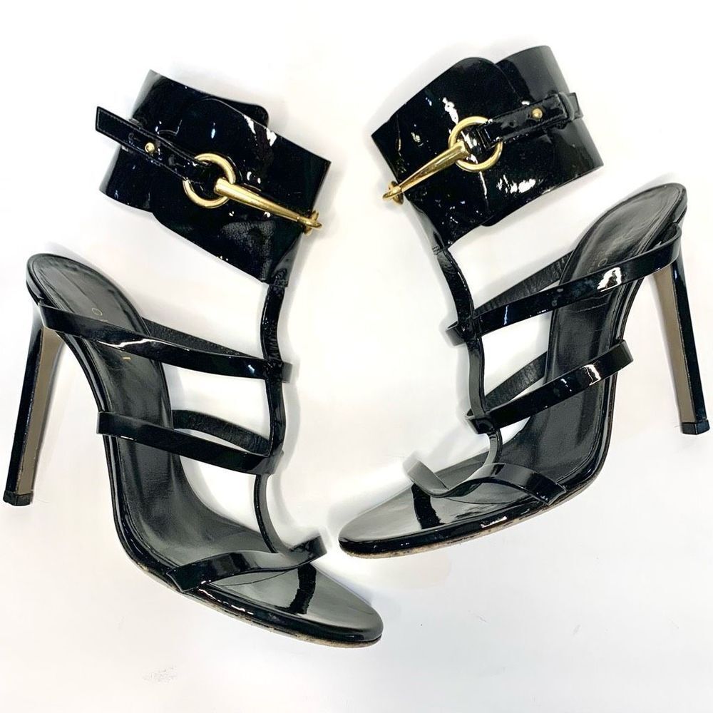 Gucci Ursula Horsebit Patent Leathe High Heel Sandal Black EU 36 US 6 Pumps